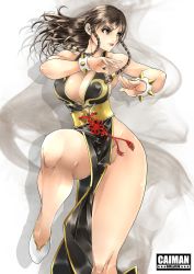 Rule 34 | 1girl, alternate costume, alternate hairstyle, armpits, bracelet, braid, breasts, brown hair, cai-man, capcom, chun-li, cleavage, curvy, female focus, fingernails, gold trim, halterneck, highres, jewelry, large breasts, legs, long fingernails, long hair, no bra, no panties, parted bangs, pelvic curtain, side braid, smoke, solo, spiked bracelet, spikes, standing, standing on one leg, street fighter, street fighter v, thighs, twin braids, v-shaped eyebrows, white background