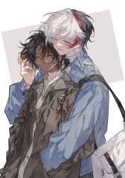 Rule 34 | 2boys, absurdres, alternate costume, arknights, bag, black hair, blue jacket, bracelet, brown eyes, can, casual, chinese commentary, closed mouth, collared jacket, commentary, dark-skinned male, dark skin, earclip, earrings, elysium (arknights), expressionless, glasses, grey eyes, grey jacket, hand in another&#039;s pocket, hands in pockets, highres, holding, holding can, hug, hug from behind, jacket, jewelry, long sleeves, male focus, multicolored hair, multiple boys, open clothes, open jacket, open mouth, pendant, red hair, ring, semi-rimless eyewear, shanzhamei23687, short hair, short ponytail, shoulder bag, smile, sweater, thorns (arknights), turtleneck, under-rim eyewear, upper body, white hair, white sweater, yaoi