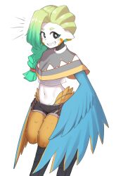 Rule 34 | 1girl, animal ears, bird ears, bird legs, black eyes, black shorts, blue feathers, blue wings, blush, borrowed character, braid, bright pupils, commentary, english commentary, facial mark, feathers, gradient hair, green hair, grey poncho, hands on own hips, harpy, highres, long hair, looking at viewer, mako (eogks), midriff, monster girl, multicolored hair, navel, notice lines, orange feathers, orange wings, original, sharp teeth, shorts, sifserf, simple background, single braid, skirt, solo, teeth, two-tone wings, white background, white pupils, white skirt, winged arms, wings
