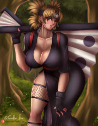 Rule 34 | 1girl, absurdres, ass, bandana, black gloves, blinking, blonde hair, blush, breasts, cleavage cutout, closed eye, clothing cutout, curvy, fan, female focus, fingerless gloves, fishnets, forehead protector, forest, gloves, green eyes, hand fan, headband, highres, huge ass, japanese clothes, kimono, large breasts, lips, long hair, looking at viewer, nail polish, naruto (series), naruto shippuuden, naruto shippuuden, nature, pink nails, quad tails, solo, source request, sunagakure symbol, tagme, teasing, temari (naruto), thick thighs, thighs, woods, yukata