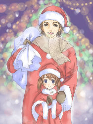 Rule 34 | 1boy, 1girl, :d, blue eyes, blurry, blurry background, bobblehat, brown hair, brown scarf, child, christmas, christmas tree, cowboy shot, father and daughter, fur trim, light, long sleeves, looking at viewer, lowres, open mouth, original, plant, santa costume, scarf, shibusawa hayato, short hair, smile, tree