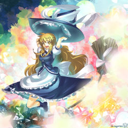 Rule 34 | 1girl, apron, arms up, blonde hair, bow, broom, hat, hat bow, kirisame marisa, long hair, open mouth, puffy short sleeves, puffy sleeves, shirt, short sleeves, skirt, skirt set, smile, solo, touhou, umigarasu (kitsune1963), very long hair, vest, waist apron, witch hat, yellow eyes