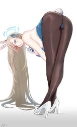 Rule 34 | 1girl, absurdres, ass, asuna (blue archive), asuna (bunny) (blue archive), bent over, black pantyhose, blue archive, breasts, from behind, hair over one eye, halo, highres, large breasts, leotard, long hair, mechanical halo, noa9noaa, pantyhose, strapless, strapless leotard, thighband pantyhose, thighs, very long hair, white background