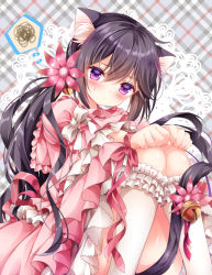Rule 34 | 10s, 1girl, akebono (kancolle), animal ears, bell, black hair, blush, cat ears, cat tail, commentary request, dress, flower, frilled dress, frilled socks, frills, hair bell, hair flower, hair ornament, jingle bell, kantai collection, kemonomimi mode, kneehighs, knees together feet apart, long hair, looking at viewer, nogi takayoshi, pink dress, purple eyes, ribbon, side ponytail, sitting, socks, solo, tail, tail bell, tail ornament, very long hair, white socks, wrist ribbon