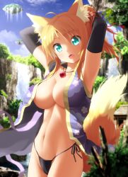 Rule 34 | 10s, 1girl, :d, ahoge, animal ears, armpits, arms behind head, black panties, blonde hair, blush, breasts, cleavage, dog days, fang, floating island, fox ears, fox tail, gloves, goribote, green eyes, hair ribbon, japanese clothes, large breasts, long hair, looking at viewer, navel, open clothes, open mouth, panties, ponytail, ribbon, side-tie panties, smile, solo, tail, underboob, underwear, water, waterfall, yukikaze panettone
