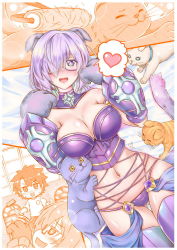 Rule 34 | 1boy, 1girl, animal ears, animal hands, arm guards, armor, bare shoulders, blush, breastplate, breasts, cat, cat ears, cat tail, chibi, cigar cat, cleavage, detached collar, fate/grand order, fate (series), fujimaru ritsuka (male), glasses, gloves, hair over one eye, heart, large breasts, light purple hair, looking at viewer, mash kyrielight, navel, open mouth, panties, paw gloves, purple eyes, purple panties, purple thighhighs, short hair, smile, spoken heart, tail, thighhighs, underwear