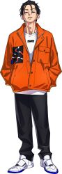Rule 34 | 1boy, black hair, black pants, charisma house, full body, hands in pockets, itou fumiya, jacket, long sleeves, looking at viewer, male focus, mojisan (ebimo), orange jacket, pants, parted lips, shirt, shoes, solo, standing, white shirt