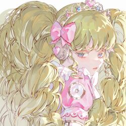 Rule 34 | 1girl, blue eyes, blush, bow, colored eyelashes, commentary request, falulu, gold trim, green hair, hair bow, hair focus, headphones, heart, highres, long hair, looking at viewer, looking back, parted lips, pink bow, pretty series, pripara, puffy short sleeves, puffy sleeves, short sleeves, sidelocks, sikaku, solo, tiara, twintails, upper body, white background
