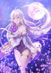 Rule 34 | 1girl, barefoot, bouquet, breasts, bridal gauntlets, chinese commentary, cleavage, collar, collarbone, covered navel, detached sleeves, elf, flower, full moon, langrisser, large breasts, leotard, long hair, moon, night, night sky, open mouth, orange eyes, pointy ears, purple flower, showgirl skirt, sky, smile, solo, strapless, strapless leotard, thigh strap, very long hair, white hair, xiao yung lin, zerida