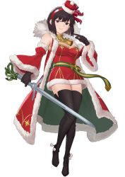 Rule 34 | 1girl, black hair, blush, coat, fire emblem, fire emblem: thracia 776, highres, looking at viewer, nintendo, olwen (fire emblem), red coat, short hair, smile, solo, sword, thighs, weapon