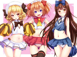 Rule 34 | 3girls, alternate costume, blonde hair, blush, bow, breasts, brown eyes, brown hair, cheerleader, chestnut mouth, child, drill hair, ebi 193, fang, frilled panties, frills, hair bow, hair ribbon, hat, long hair, looking at viewer, luna child, midriff, multiple girls, navel, open mouth, orange hair, panties, pantyshot, pom pom (cheerleading), purple eyes, red eyes, red legwear, ribbon, short hair, simple background, skirt, sleeveless, small breasts, smile, star sapphire, stomach, striped clothes, striped panties, sunny milk, thighhighs, touhou, twintails, underwear, very long hair, white background, white panties