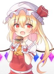 Rule 34 | 1girl, ascot, blonde hair, burger, cowboy shot, crystal, dress, eating, fang, flandre scarlet, food, hat, hat ribbon, highres, long hair, mob cap, open mouth, pointy ears, red dress, red eyes, ribbon, serichii, side ponytail, simple background, skin fang, touhou, white background