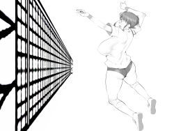 Rule 34 | ass, bad id, bad pixiv id, breasts, buruma, character request, copyright request, covered erect nipples, greyscale, gym uniform, highres, huge breasts, jumping, monochrome, oinari (inarizushi), playing sports, sideboob, solo, volleyball, volleyball net, wallpaper, wristband