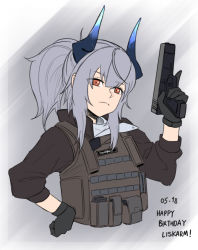Rule 34 | 1girl, arknights, black gloves, black shirt, brown vest, character name, dated, dokonjou (odossan), dragon girl, dragon horns, frown, glock, gloves, grey background, grey hair, gun, hand on own hip, hand up, handgun, happy birthday, holding, holding gun, holding weapon, horns, liskarm (arknights), long sleeves, looking at viewer, one-hour drawing challenge, orange eyes, ponytail, shirt, simple background, solo, split mouth, tactical clothes, trigger discipline, vest, weapon