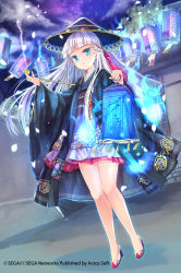 Rule 34 | 10s, 1girl, bare legs, blue eyes, bow, chain chronicle, hair bow, hair ribbon, halloween, hat, highres, holding, jin young-in, lantern, legs, long hair, looking at viewer, original, smoking pipe, ribbon, silver hair, solo
