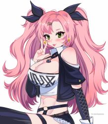 Rule 34 | 1girl, :3, :d, bare shoulders, black ribbon, black shorts, black thighhighs, blue jacket, blush, breasts, cleavage, clothing cutout, commentary, crop top, cutoffs, detached sleeves, earrings, english commentary, green eyes, hair ornament, hair ribbon, hairclip, hand up, highres, jacket, jewelry, large breasts, long hair, long sleeves, looking at viewer, midriff, mole, mole on breast, navel, nicole demara, open clothes, open jacket, open mouth, pink hair, ribbon, short sleeves, shorts, shoulder cutout, simple background, smile, solo, stomach, strapless, sverhnova, thigh strap, thighhighs, tube top, two side up, very long hair, w, white background, zenless zone zero