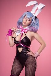 Rule 34 | 1girl, bodysuit, breasts, cleavage, green hair, helly von valentine (disharmonica), highres, leotard, looking at viewer, pantyhose, photo (medium), playboy bunny, rabbit ears, rabbit tail, real life, solo