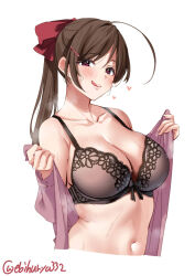 Rule 34 | 1girl, :q, bare shoulders, black bra, blush, bow, bra, breasts, brown hair, cleavage, collarbone, commentary, cropped torso, ebifurya, hair bow, hair ornament, hair ribbon, hairclip, hands up, heart, heart-shaped pupils, highres, kantai collection, lace, lace-trimmed bra, lace trim, large breasts, lips, long hair, long sleeves, looking at viewer, mamiya (kancolle), navel, open mouth, ponytail, purple eyes, ribbon, smile, solo, steam, steaming body, stomach, sweat, symbol-shaped pupils, tongue, tongue out, twitter username, underwear, white background