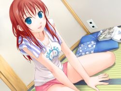 Rule 34 | 1girl, amanatsu, ayase mao, blue eyes, book, dutch angle, game cg, ginta, pillow, red hair, shorts, sitting, smile, solo, towel