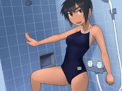 Rule 34 | 1girl, absurdres, against wall, bathroom, black eyes, black hair, blue one-piece swimsuit, breasts, commentary request, competition school swimsuit, cowboy shot, hair between eyes, highres, looking at viewer, lvi, medium breasts, name connection, one-piece swimsuit, original, school swimsuit, short hair, shower head, smile, solo, standing, swimsuit, thick eyebrows, tile wall, tiles, tsurime, upper body