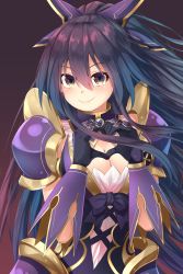 Rule 34 | 10s, 1girl, armor, armored dress, blush, breasts, cleavage, cowboy shot, date a live, dress, elbow gloves, gloves, gradient background, heart, heart hands, highres, jewelry, large breasts, long hair, looking at viewer, oekakizuki, pauldrons, ponytail, purple eyes, purple hair, shiny skin, shoulder armor, smile, solo, standing, very long hair, yatogami tooka