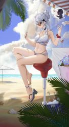 Rule 34 | 1girl, 1other, absurdres, ahoge, alternate hairstyle, anklet, arknights, bare legs, beach, beach umbrella, bikini, blue sky, bottle, cloud, cooler, day, doctor (arknights), feet, food, hair bun, hands up, highres, holding, holding food, jewelry, legs, long hair, looking at viewer, moyus, multi-strapped bikini, nail polish, navel, no headwear, ocean, orca hair ornament, outdoors, popsicle, red eyes, red nails, sandals, shoe dangle, single sandal, sitting, skadi (arknights), sky, solo focus, stomach, sunglasses, swimsuit, thighs, toenail polish, toenails, toes, umbrella, water, white bikini, white hair