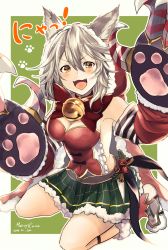 Rule 34 | 10s, 1girl, alternate costume, animal ears, bell, blush, breasts, character name, claw (weapon), claws, cleavage, collar, dated, erune, fangs, gloves, granblue fantasy, grey hair, hair between eyes, highres, looking at viewer, looking up, neck bell, nuu (liebe sk), open mouth, plaid, plaid skirt, red eyes, seiza, sen (granblue fantasy), sitting, skirt, smile, solo, translation request, weapon