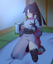 Rule 34 | 1girl, absurdres, black hair, black thighhighs, blush, breasts, covering nipples, covering privates, fate/grand order, fate (series), futon, highres, hyperbudd, japanese clothes, joints, katou danzou (fate), kimono, kneeling, mechanical arms, mechanical legs, off shoulder, ponytail, robot joints, small breasts, smile, tatami, thighhighs, yellow eyes