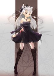 Rule 34 | 1girl, amatsukaze (kancolle), arms at sides, bare shoulders, black dress, black footwear, boots, brown eyes, collarbone, cosplay, cross-laced footwear, dress, elbow gloves, full body, gloves, gothic lolita, granblue fantasy, highres, kantai collection, knee boots, lace-up boots, lolita fashion, long hair, looking at viewer, off-shoulder dress, off shoulder, orchis, orchis (cosplay), orchis (granblue antasy) (cosplay), serious, short dress, silver hair, solo, standing, unajuu, unajuu (set mk)