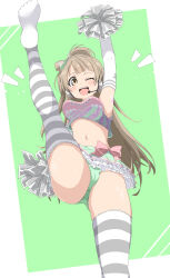 Rule 34 | 1girl, :d, absurdres, bow, breasts, brown hair, cameltoe, cheerleader, cleft of venus, commission, cropped shirt, cynical (llcbluckg c004), frilled skirt, frills, from below, green panties, hair bow, headphones, headset, highres, leg up, light brown hair, long hair, love live!, love live! school idol project, medium breasts, midriff, minami kotori, navel, one eye closed, open mouth, panties, pixiv commission, polka dot, polka dot bow, pom pom (cheerleading), simple background, skirt, smile, solo, striped bow, striped clothes, striped thighhighs, sweat, takaramonozu, thighhighs, underwear, yellow eyes