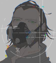 Rule 34 | 1boy, 5-en, animification, apex legends, bad id, bad pixiv id, brown hair, caustic (apex legends), gas mask, green eyes, grey background, hair behind ear, hair slicked back, head tilt, highres, looking at viewer, male focus, mask, mouth mask, portrait, solo