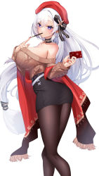 Rule 34 | 1girl, absurdres, ass, azur lane, belfast (azur lane), belfast (shopping with the head maid) (azur lane), beret, black skirt, breasts, brown sweater, choker, cleavage, earrings, food, hat, highres, holding, holding food, holding pocky, hoop earrings, huge breasts, jewelry, long hair, looking at viewer, nail polish, off-shoulder sweater, off shoulder, official alternate costume, pantyhose, pencil skirt, pocky, purple eyes, red hat, red nails, red shawl, seele0907, shawl, simple background, skirt, solo, sweater, very long hair, white background