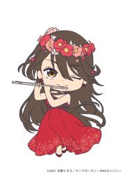 Rule 34 | 1girl, akira ferrari, aria (manga), bare shoulders, breasts, brown hair, chibi, cleavage, closed mouth, copyright name, copyright notice, dated, dress, earrings, eyelashes, floral print, flower, flute, full body, hair between eyes, hair flower, hair ornament, hands up, highres, holding, holding instrument, instrument, jewelry, long hair, looking at viewer, music, official alternate costume, official art, one eye closed, pink flower, playing instrument, red dress, red flower, red footwear, simple background, small breasts, smile, solo, standing, very long hair, white background