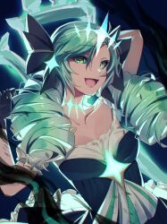 Rule 34 | 1girl, absurdres, ahoge, alternate hair length, alternate hairstyle, arm up, black bow, bow, breasts, collarbone, crown, dress, drill hair, glowing, glowing eyes, glowing tattoo, green eyes, green hair, gwen (league of legends), hair bow, highres, large breasts, league of legends, long hair, looking at viewer, ruined (league of legends), smile, solo, twin drills, twintails, yoshimori isa