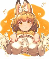Rule 34 | 1girl, animal costume, animal ear fluff, animal ears, blonde hair, blush, bow, bowtie, breasts, cat ears, cat girl, elbow gloves, gloves, heart, highres, iparupua, kemono friends, large breasts, looking at viewer, open mouth, serval (kemono friends), shirt, short hair, simple background, sleeveless, sleeveless shirt, smile, solo, white shirt, yellow eyes