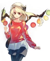 Rule 34 | 1girl, aged up, alternate costume, bag, black pantyhose, blonde hair, bow, casual, contemporary, earrings, female focus, flandre scarlet, handbag, hat, hat bow, highres, jewelry, long hair, long sleeves, pantyhose, pisoshi, red eyes, short hair, side ponytail, simple background, skirt, smile, solo, touhou, white background, wings