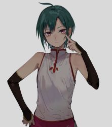 Rule 34 | ahoge, akanbe, androgynous, bare shoulders, chinese clothes, earrings, eyelid pull, gender request, green hair, hand on own hip, jewelry, konbu wakame, nijisanji, purple eyes, ryuushen, short hair, solo, tongue, tongue out, virtual youtuber