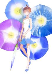 Rule 34 | 1girl, blue footwear, brown eyes, brown hair, closed mouth, closed umbrella, commentary request, dress, floral background, flower, full body, high heels, holding, holding umbrella, looking at viewer, maruco, morning glory, no socks, original, plant, ponytail, shadow, shoes, short hair, sleeveless, sleeveless dress, smile, solo, swept bangs, umbrella, vines, white background