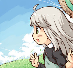 Rule 34 | 1girl, :d, ahoge, blush, cloud, day, grass, green eyes, happy, hat, long hair, lowres, mizuno mumomo, open mouth, original, profile, running, sideways mouth, silver hair, sky, smile, solo, straw hat
