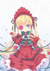 Rule 34 | 00s, 1girl, absurdres, blonde hair, blue eyes, blush, bonnet, covering one eye, doll, doll joints, dress, drill hair, floral background, flower, highres, joints, light smile, north abyssor, petals, ribbon, rose, rozen maiden, shinku, solo, twintails