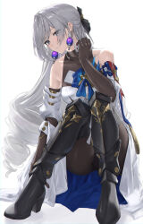 Rule 34 | 1girl, absurdres, bakemonsou, bare shoulders, black bodysuit, blue ribbon, blush, bodysuit, boots, bronya rand, collarbone, commentary request, detached sleeves, dress, drill hair, earrings, elbow gloves, embroidery, full body, gloves, gold, grey eyes, grey hair, hair between eyes, hair intakes, hair ornament, hand in own hair, highres, honkai: star rail, honkai (series), jewelry, knee boots, large earrings, long hair, parted lips, ribbon, silver earrings, sphere earrings, squatting, thighhighs, white background, white dress
