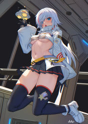 Rule 34 | 1girl, absurdres, alyosha (vtuber), arpeggio kaga, black gloves, black skirt, black thighhighs, blue eyes, breasts, crop top, eyes visible through hair, full body, gloves, hair over one eye, highres, indie virtual youtuber, long hair, long sleeves, looking at viewer, medium breasts, miniskirt, multicolored hair, navel, open mouth, pleated skirt, red hair, resolution mismatch, shoes, skirt, solo, source smaller, stomach, streaked hair, thighhighs, turtleneck, underboob, virtual youtuber, white footwear, white hair, wide sleeves