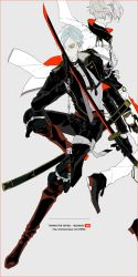 Rule 34 | 10s, 2boys, aiguillette, armor, back-to-back, black gloves, blue hair, boots, dated, fighting stance, gloves, hair over one eye, higekiri (touken ranbu), highres, hizamaru (touken ranbu), holding, holding sword, holding weapon, jacket, jacket on shoulders, katana, knee pads, male focus, military, military uniform, multiple boys, mzet, scabbard, sheath, standing, standing on one leg, sword, touken ranbu, translation request, uniform, weapon, white hair, yellow eyes