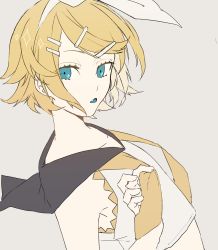 Rule 34 | 1girl, bare arms, bare shoulders, beige background, blonde hair, blue eyes, blue tongue, collarbone, colored inner hair, colored tongue, eiku, eyelashes, flat chest, grey background, hair ornament, hair ribbon, hairclip, half-closed eyes, highres, kagamine rin, leaning, leaning back, looking back, midriff, multicolored hair, parted lips, ribbon, sharp teeth, shirt, short hair, simple background, sleeveless, sleeveless shirt, solo, sparkle, symbol in eye, tareme, teeth, tongue, untied, upper body, very short hair, vocaloid, white ribbon, white shirt
