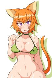 Rule 34 | adjusting clothes, animal ears, bikini, bikini top only, blush, bottomless, breasts, cat ears, cat tail, choker, facial mark, fang, fire emblem, fire emblem: path of radiance, green bikini, highres, laguz (race), large breasts, lethe (fire emblem), looking at viewer, navel, nintendo, open mouth, orange hair, purple eyes, short hair, sweat, swimsuit, tail, vadaboob, wide hips