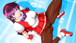 Rule 34 | 1girl, asamiya athena, breasts, cameltoe, closed mouth, commentary request, fingerless gloves, gloves, hairband, long hair, looking at viewer, pantyhose, psycho soldier, purple eyes, purple hair, qkat (arikawa-dou), red hairband, skirt, smile, snk, solo, spread legs, the king of fighters