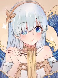 Rule 34 | 1girl, anastasia (fate), bare shoulders, blue eyes, blue hair, brown background, brown hairband, chopsticks, commentary request, detached sleeves, dress, earrings, facing viewer, fate/grand order, fate (series), food, hairband, hand up, holding, holding chopsticks, jewelry, looking down, neck ring, necklace, noodles, open mouth, portrait, ramen, sao7, simple background, sparkle, strapless, strapless dress, waves, white dress