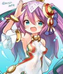 Rule 34 | 1girl, :d, armpits, bad id, bad pixiv id, blush, bracelet, covered navel, detached sleeves, hair ribbon, jewelry, lakshmi (p&amp;d), long hair, mashiro miru, open mouth, purple hair, puzzle &amp; dragons, ribbon, smile, solo, twitter username, two side up, upper body, very long hair