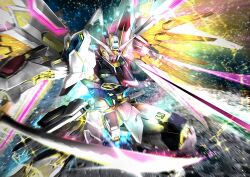 Rule 34 | absurdres, beam saber, commentary request, energy sword, glowing, gundam, gundam seed, gundam seed freedom, highres, holding, holding sword, holding weapon, katana, light particles, mecha, mechaklear, mighty strike freedom gundam, mobile suit, no humans, robot, solo, space, sword, v-fin, weapon, yellow eyes