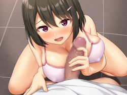 Rule 34 | 1girl, bare arms, bare shoulders, black hair, blush, bottomless, breasts, censored, cleavage, covered erect nipples, diletta, embarrassed, from above, hair between eyes, highres, indoors, kyokon no ani, namaiki de do-m na imouto to ichaicha suru, large breasts, legs, looking at viewer, medium hair, mosaic censoring, open mouth, original, penis, pink eyes, pov, sawada yuusuke, sleeveless, solo focus, squatting, standing, thighs, tile floor, tiles